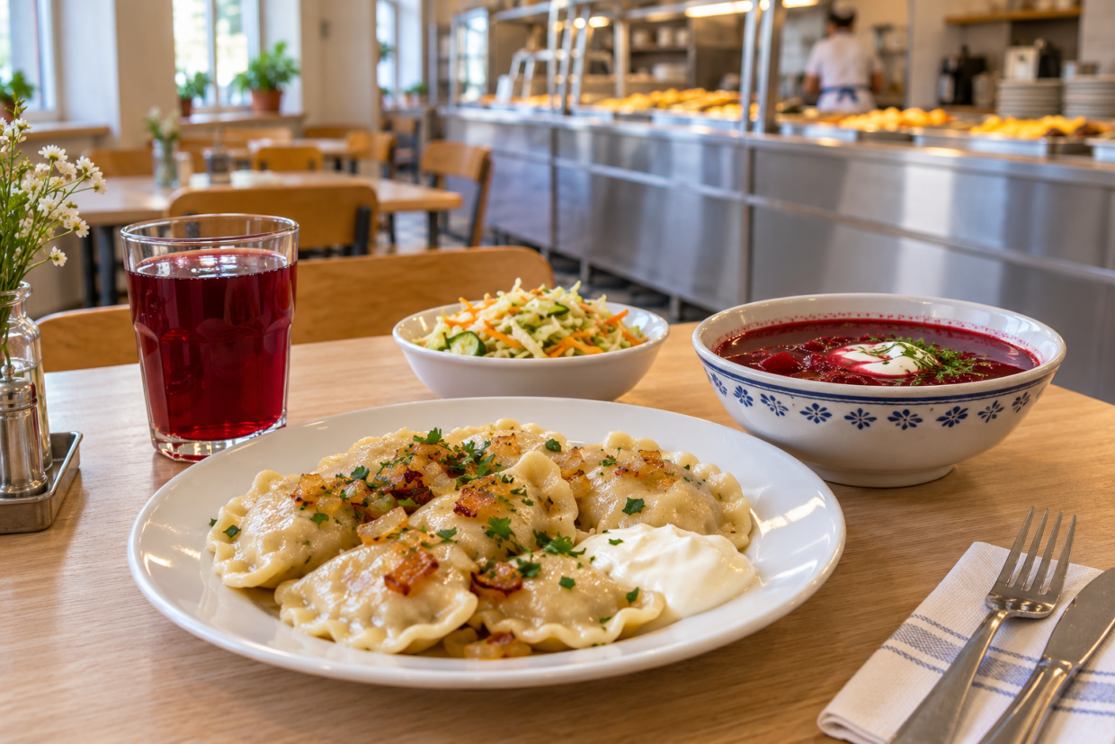 Typische polnische Mahlzeit in einer Milchbar: Pierogi, Suppe, Salat und Kompott