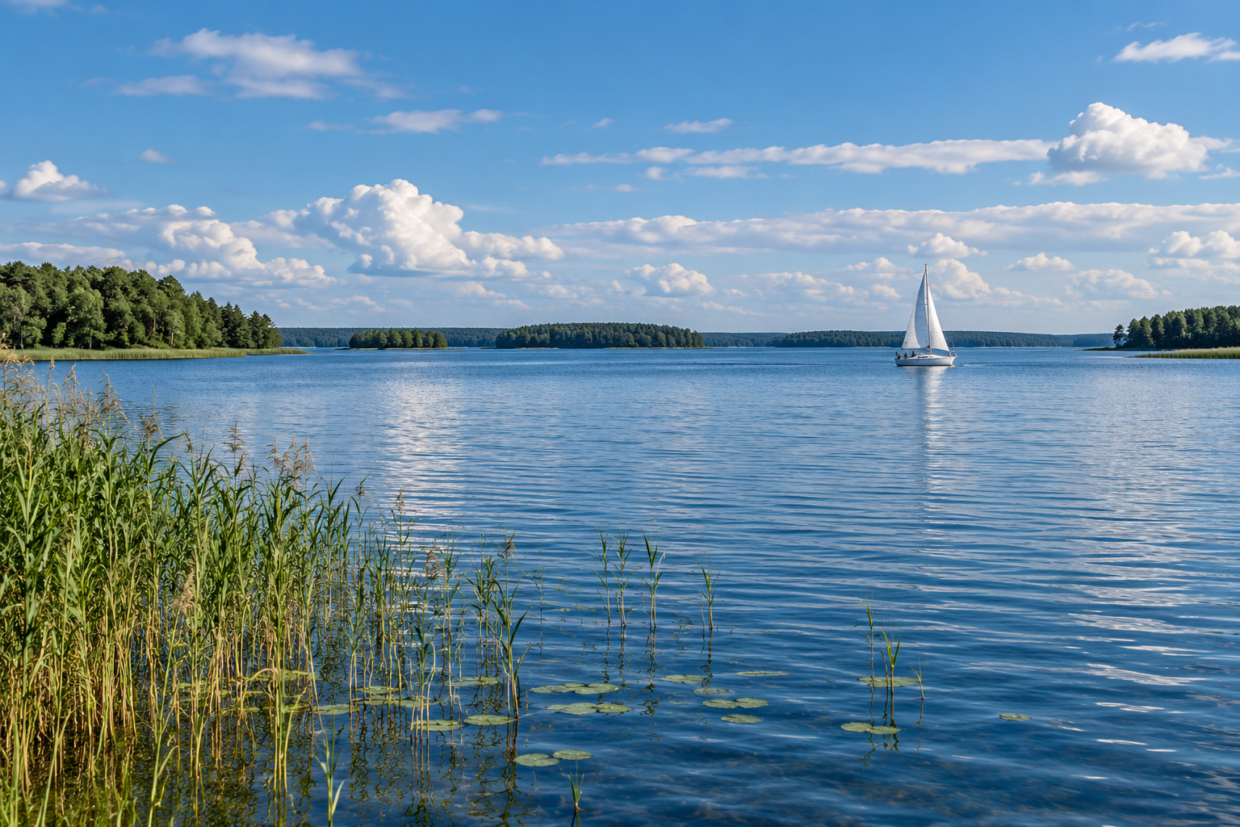 See Śniardwy in Masuren, Polens größter See mit Segelboot