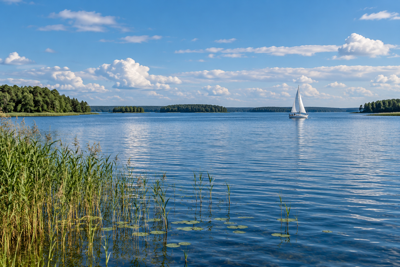 Śniardwy in Masuren, Polens größter See, mit Segelboot